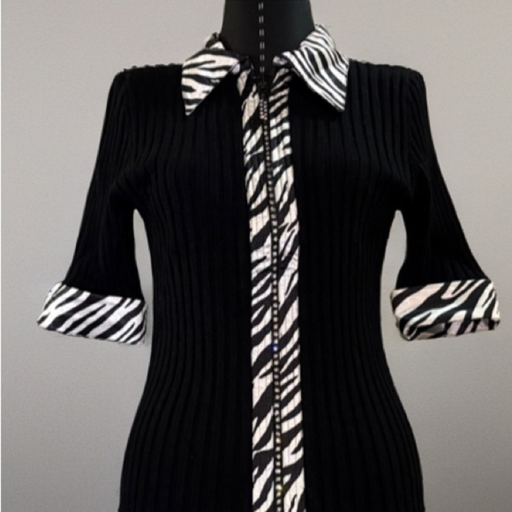 Belldini Black Ribbed Sweater Top with Zebra Print Accents
